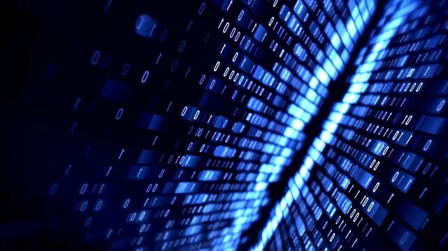 Digital binary code stream flowing through dark virtual space background showing abstract data stream representation with dynamic glowing blue numeric information.