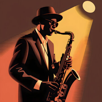 Jazz saxophone player performing under warm stage spotlight