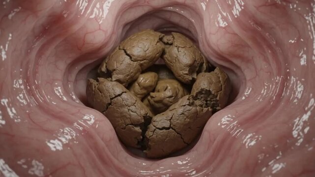 3D Internal Colon View of Soft Stool Transforming into Dry Compact Constipated Stool