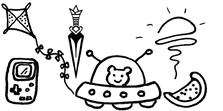 Hand Drawn Doodle Icon Set with Kite, Game Console, Sword, Cute Alien in UFO, Sun, and Watermelon Sketch Icons in Black Line Art Style