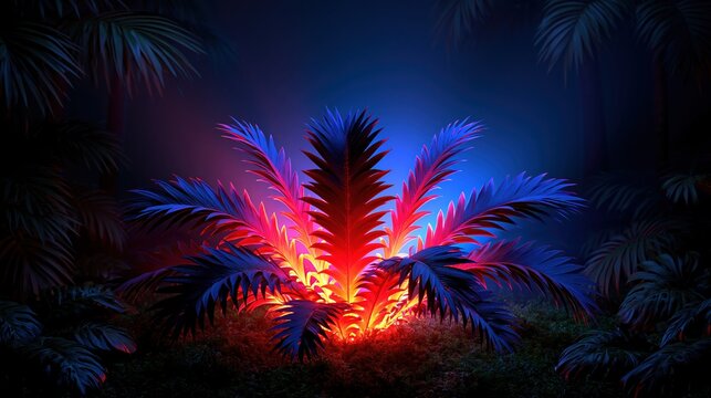 Vibrant neon palm plant glowing with red and blue light in a dark jungle setting