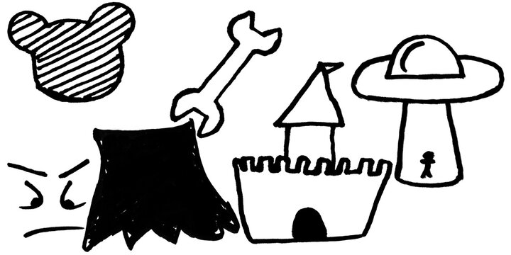 Hand Drawn Doodle Icon Set with Mouse Ears Silhouette, Wrench, Angry Face, Castle, and UFO Alien Abduction Sketch Icons in Black Line Art Style