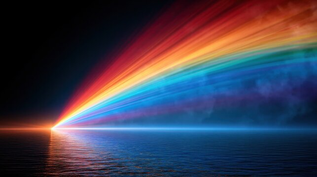 Vibrant rainbow light beams emerging from the horizon over calm water, abstract digital art.