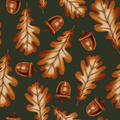 A seamless autumn pattern with watercolor oak leaves and acorns, hand-drawn. Autumn still life. Children's illustration. Suitable for books, packaging, postcards, and children's clothing
