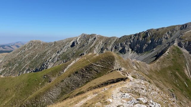 The Terminillo Massif viewed from the Rinaldi Refuge. From left to right: the Sassetelli Ridge, the summit of Terminillo (2,217 m), continuing to the right is Monte Elefante (2,015 m), Lazio, Italy