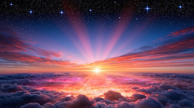 Vibrant Sunrise Over Clouds with Starry Sky and Sunbeams