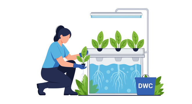 Woman Planting in Deep Water Culture (DWC) Hydroponic System Vector Illustration for Modern Indoor Gardening and Smart Agriculture Technology