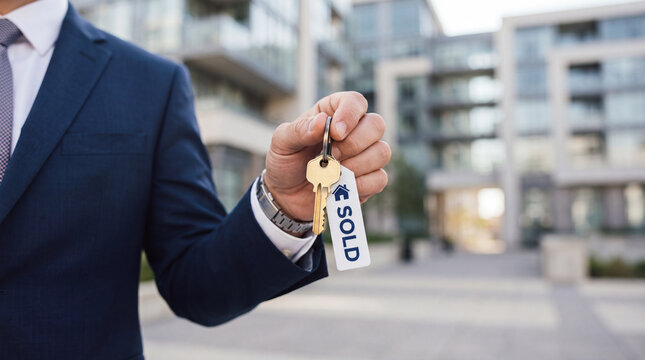 A real estate agent in a suit holds a key with a "Sold" tag, symbolizing successful property sale in front of modern apartment buildings.