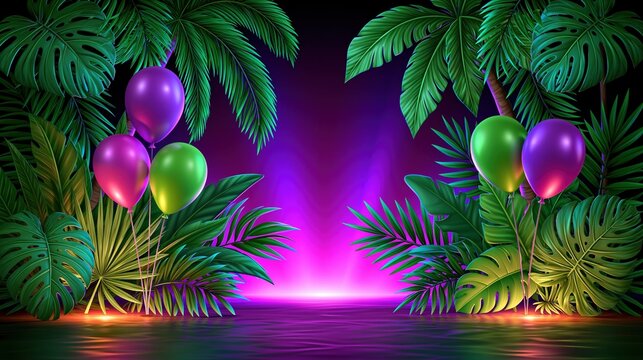 Tropical Party Scene with Lush Greenery, Balloons, and Vibrant Purple and Pink Lighting