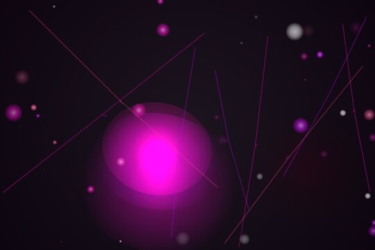 Bright neon magenta sphere dominates a dark void filled with thin intersecting light lines and scattered glowing particles that provide a minimalist aesthetic for contemporary digital design projects.