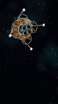 3D animation of a lunar lander approaching the Moon through deep space. Cinematic spacecraft flight with realistic lunar surface, stars and advanced space exploration concept.