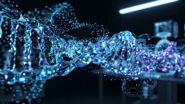 Glowing digital dna strand rotating amidst abstract particles in dark laboratory environment