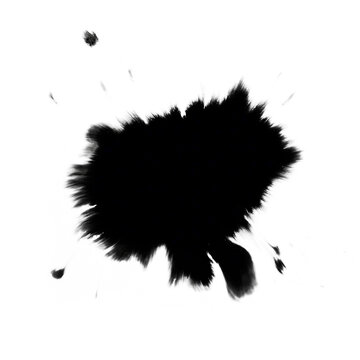 Black ink blot splatter with spray droplets isolated on white background