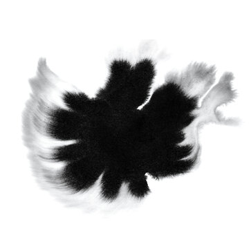 Dark ink blot with wing-like feathered edges resembling a bat or bird on white