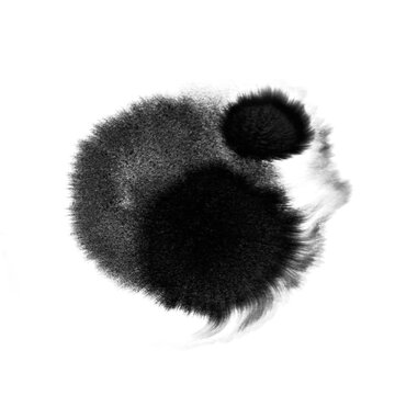 Powdery black ink cloud with grainy spray texture and small ring on white