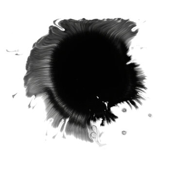 Flowing black ink drop spreading in water with marbled swirls and dripping edges