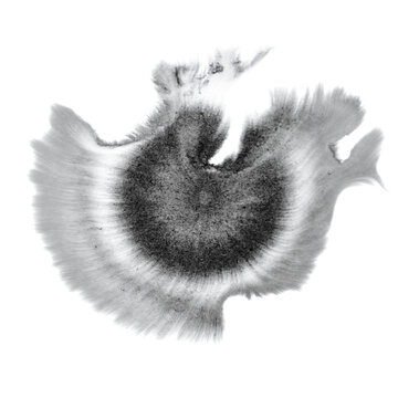 Soft muted ink wash blot with grainy radial texture on white in sumi-e style