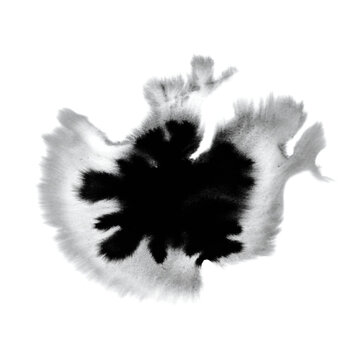 Black ink blot with dark core and soft feathered gray halo on white background