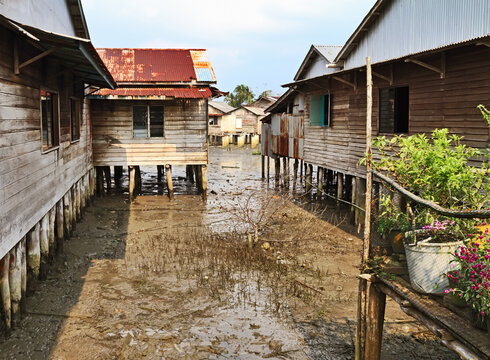 Stilt house village in Tanjung Pinang, Bintan Island, Indonesia.