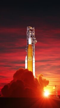 3D animation of a heavy launch vehicle lifting off from a spaceport at sunrise. Cinematic rocket launch with powerful engines, smoke, flames and dramatic morning sky.