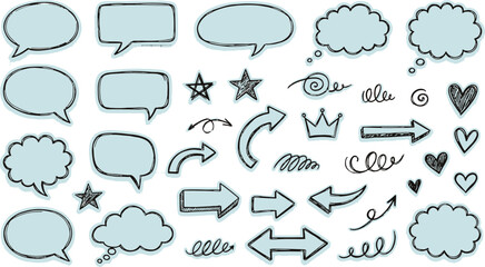 Fototapeta premium Hand drawn speech bubbles and decorative elements sketch style illustration set with communication dialogue decoration elements collection callouts scribble creative illustration