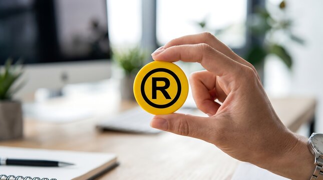 Registered trademark symbol held by businessman, yellow intellectual property icon in office, legal protection and branding concept