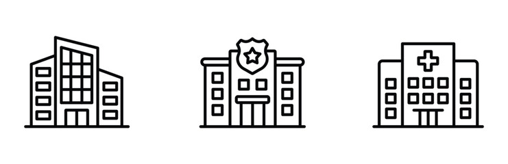 Set of building icons including office building, police station, and hospital © Rashida