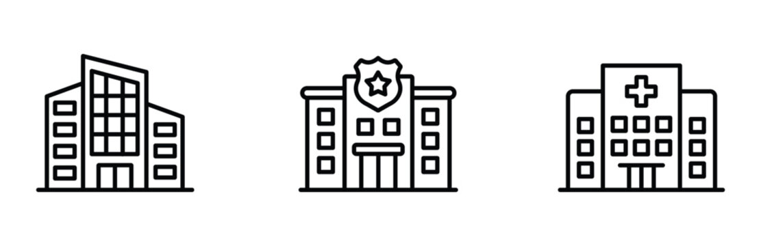 Set of building icons including office building, police station, and hospital