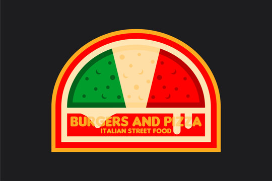 Illustration vecor italian pizza and burger logo featuring a burger and pizza badge inspired by the Italian flag designed for fast food, street food, pizzeria, burger bar and restaurant design