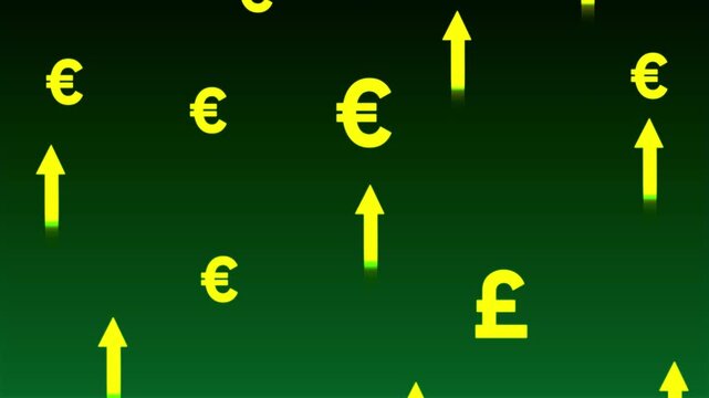 Financial growth concept: euro and pound currency symbols rising with upward arrows