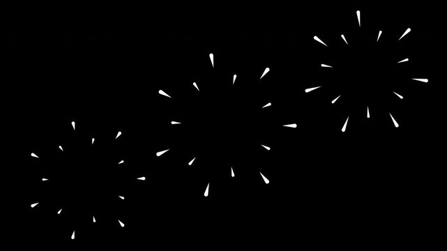 Fireworks explosion white line shape blast, pop-up line animation, abstract geometric motion graphics, cinematic visual style on black screen, shiny spark transition, circles loop animation good, 4k