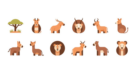 Obraz premium Flat Vector Icon Set Featuring Various African Wildlife Animals and Savannah Trees for Design Projects