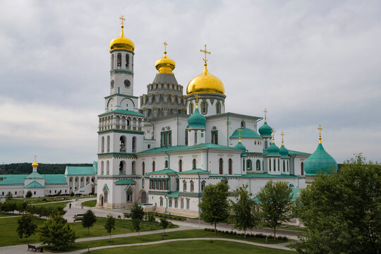 View of the Cathedral of the Resurrection of Christ of the New Jerusalem Monastery on a cloudy July afternoon. Istra, Moscow region