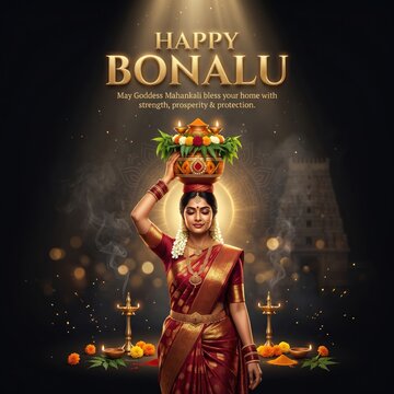 Woman in traditional indian saree carrying pot of offerings on head during bonalu festival celebration