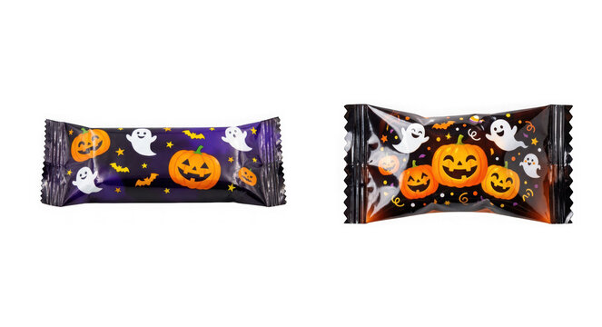 Two halloween candy bars in decorative wrappers with ghost and pumpkin patterns isolated on transparent background