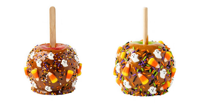 Two delicious halloween caramel apples with ghost decorations and candy corn sprinkles isolated on transparent background