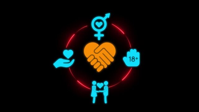 Neon relationship and love concept animation on black background