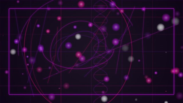 Genetic helix structure appears behind a technical grid with floating purple bokeh spheres and light trails inside a rectangular frame that offers perfect copy space for medical research information.