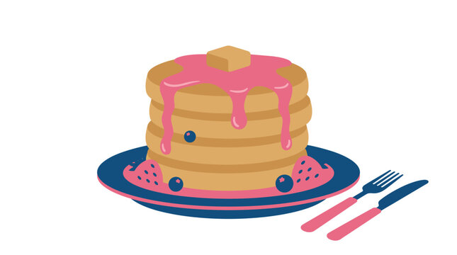 Stack of pancakes covered with syrup and butter served on plate for breakfast menu design
