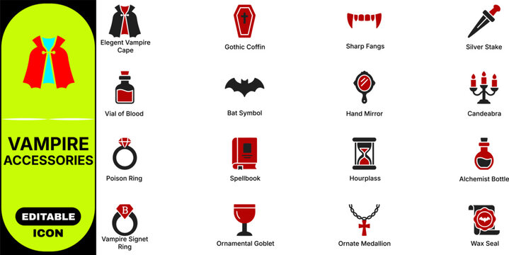 Set of various vampire themed icons and accessories for halloween design projects and spooky gothic themed events