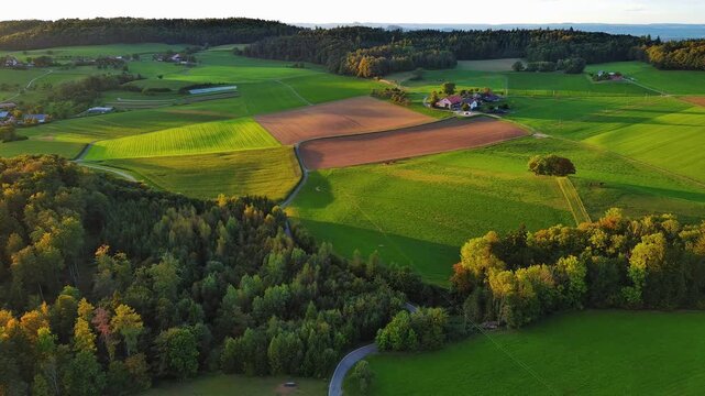 Golden Hour Drone Flight Over Picturesque Rural European Landscape
