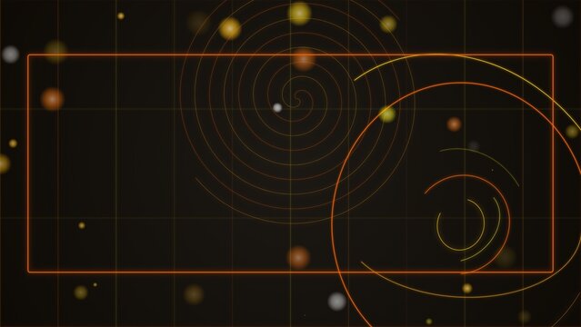 Golden spirals and circular orbits rotate around a central axis on a dark grid, offering a sophisticated frame for high-end business branding and refined corporate communication materials for.