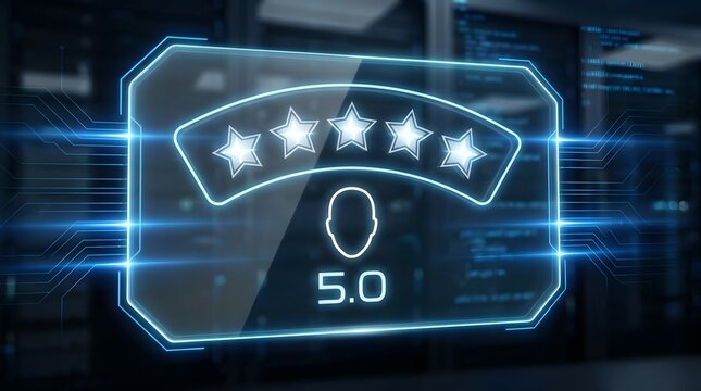 Digital holographic interface showing a five star rating system with a perfect score of five point zero in a server room