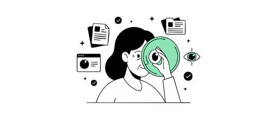 Obraz premium Woman inspecting data document review analyzing business research dashboard with magnifying lens for SEO audit, HR screening, file search, quality control, and visual analytics vector concept.