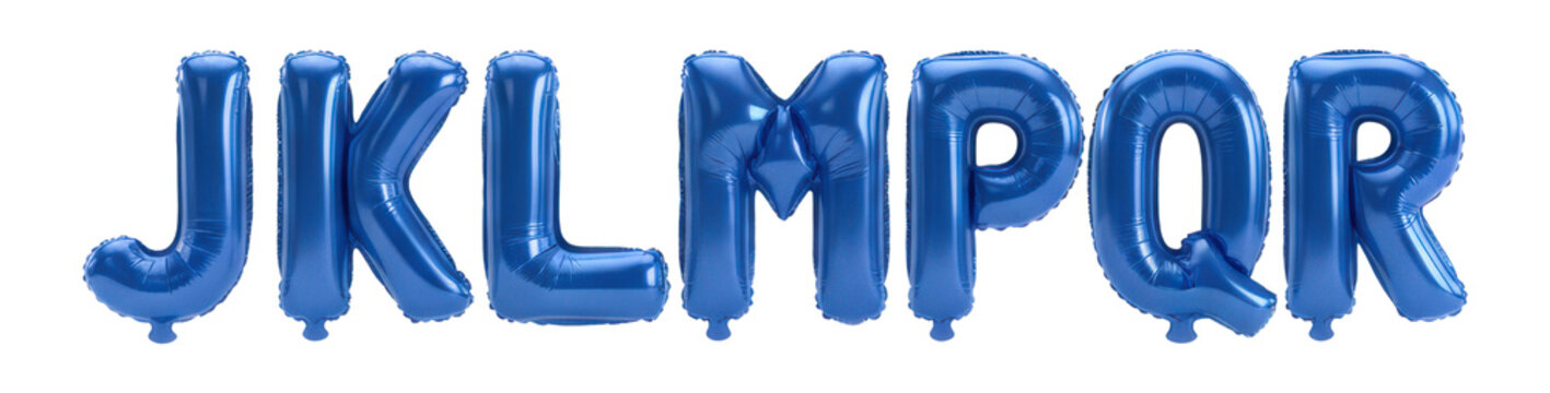 Nine glossy blue 3d letters j to r in a row, inflated balloon style with reflections on a transparent studio background. Concept of playful modern design