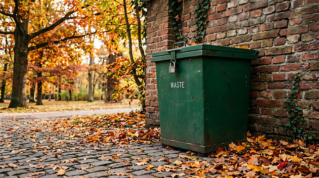 Green recycling bin on autumn cobblestone path.