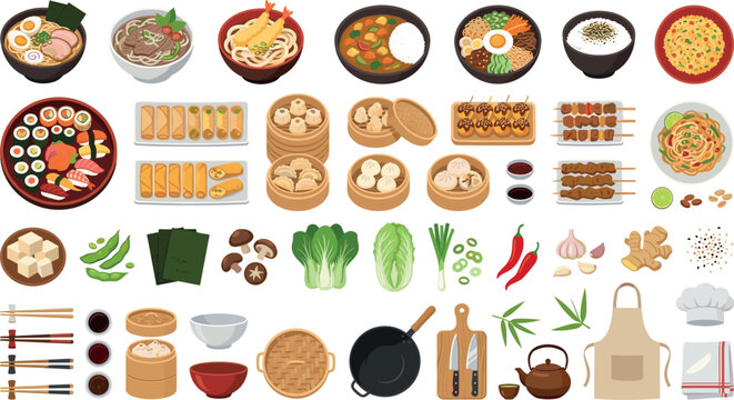 Asian food vector element set featuring traditional Japanese sushi ramen Chinese dim sum noodles and kitchen cooking utensils isolated on white background