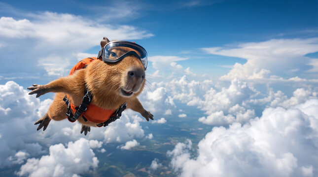 Action photo of Capybara freefalling in the clouds wearing goggles and harness