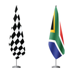 Fototapeta premium Checkered and South Africa flags on flagpoles for official ceremonies and meetings, transparent background vector