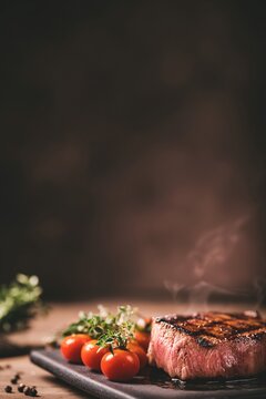 Close up cinematic view of a succulent steak with grill marks accompanied by fresh tomatoes on a dark backdrop
